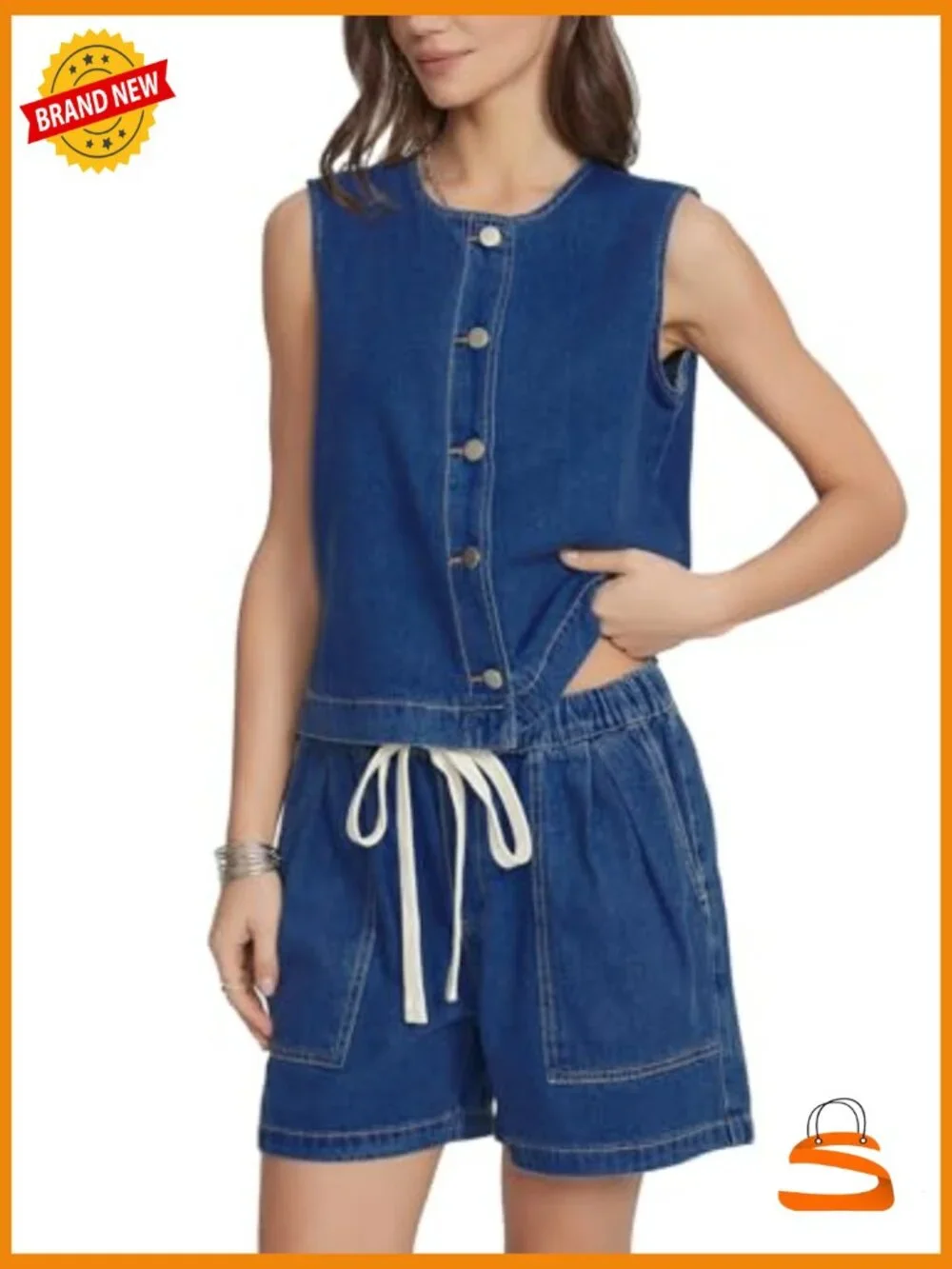 Sleeveless Denim Vest & Baggy Jean Shorts Matching Set